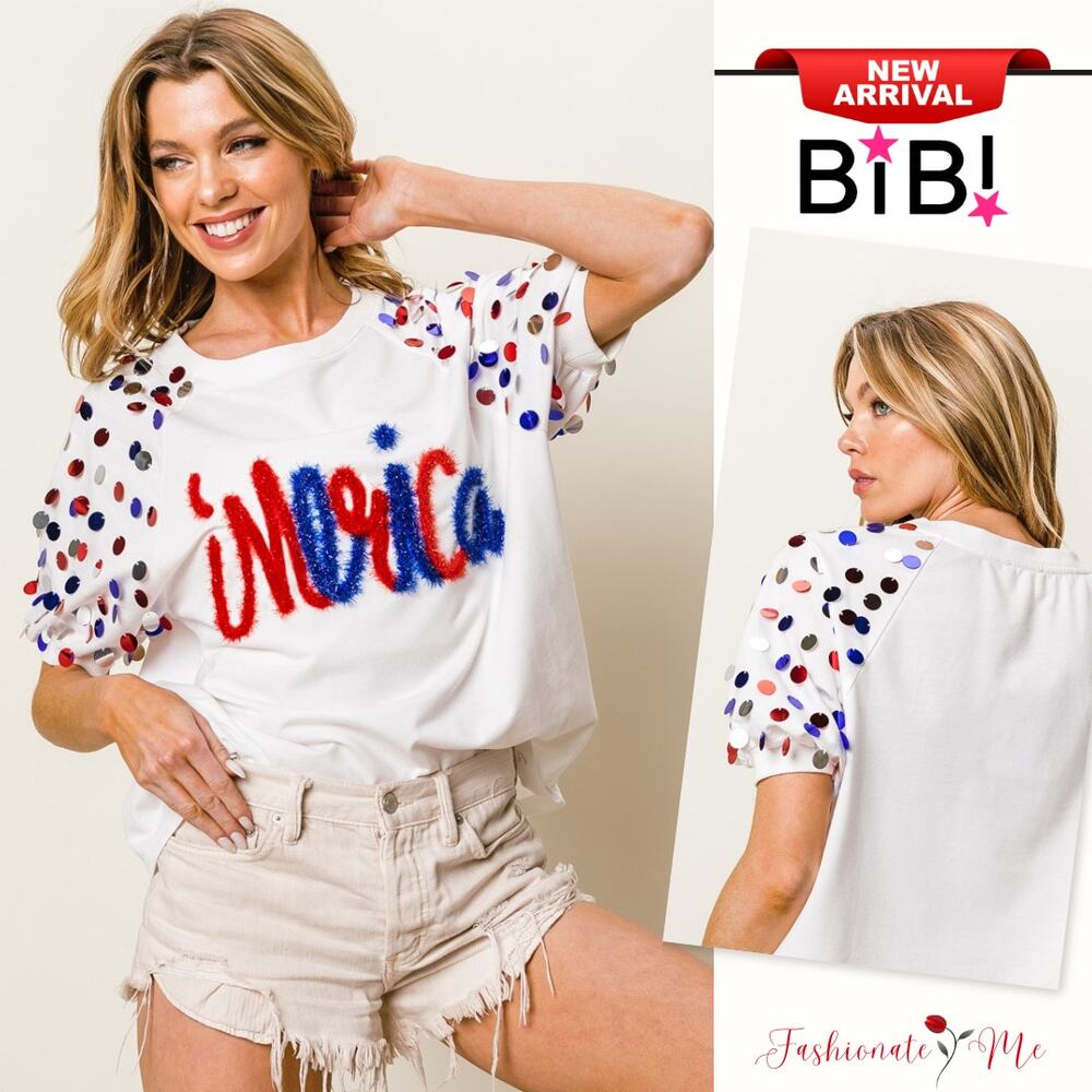 BiBi Metallic Letter Spangle Raglan Puff Sleeves Relaxed Fit T-Shirt | Off White